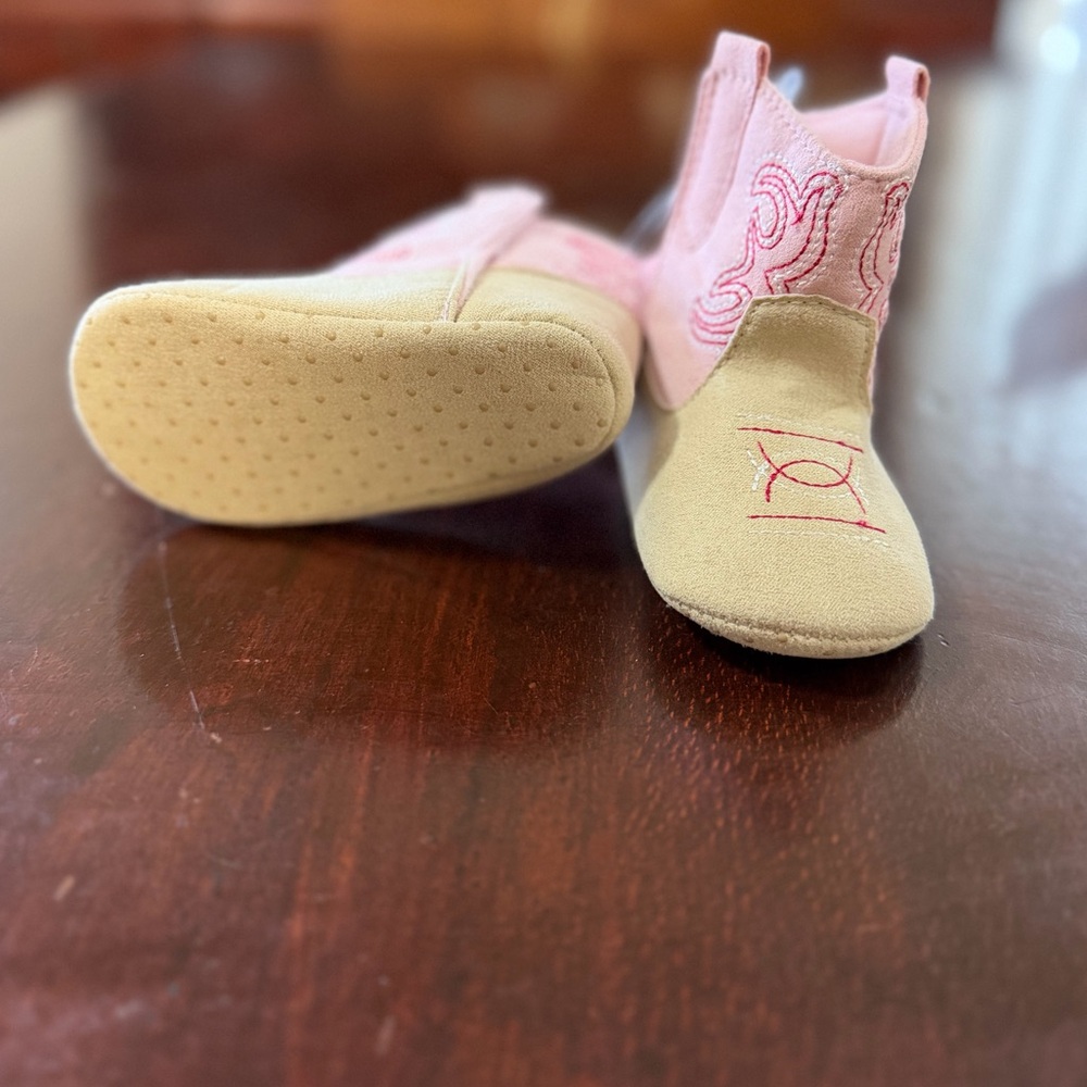 Kids Pink and Tan Western Booties with Embroidered Stitching - Picture 2 of 3